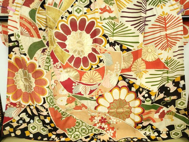 平和屋着物●極上 アンティーク 大正ロマン 振袖 胴抜き仕立て 駒刺繍 束ね熨斗花文 黒地 金銀彩 逸品 DZAB1610kh5