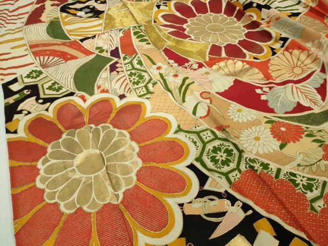 平和屋着物●極上 アンティーク 大正ロマン 振袖 胴抜き仕立て 駒刺繍 束ね熨斗花文 黒地 金銀彩 逸品 DZAB1610kh5