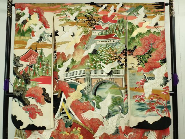 平和屋本店■極上 アンティーク 大正ロマン 振袖 駒刺繍 飛鶴松風景 黒地 金銀彩 逸品 DZAB1612kh5