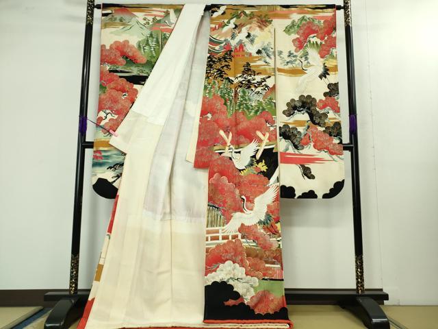 平和屋本店■極上 アンティーク 大正ロマン 振袖 駒刺繍 飛鶴松風景 黒地 金銀彩 逸品 DZAB1612kh5