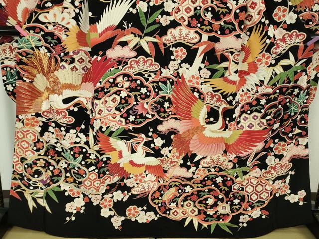 平和屋本店●極上 アンティーク 大正ロマン 振袖 駒刺繍 雲取り飛鶴吉祥花文 黒地 金彩 逸品 DZAB1615kh5