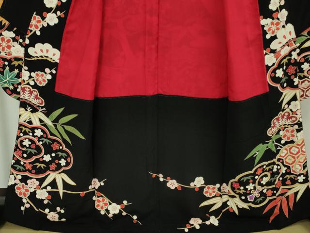 平和屋本店●極上 アンティーク 大正ロマン 振袖 駒刺繍 雲取り飛鶴吉祥花文 黒地 金彩 逸品 DZAB1615kh5