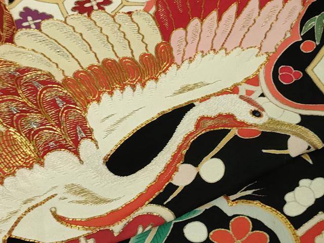 平和屋本店●極上 アンティーク 大正ロマン 振袖 駒刺繍 雲取り飛鶴吉祥花文 黒地 金彩 逸品 DZAB1615kh5