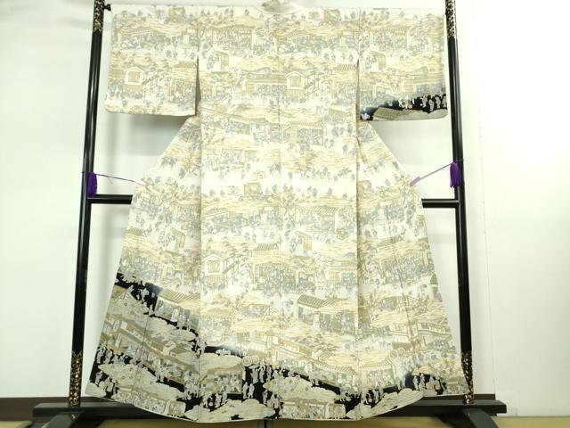 平和屋本店■極上 中国三大刺繍 スワトウ刺繍 汕頭刺繍 総刺繍 訪問着 城下町人物風景 暈し染め 金糸 鬼しぼ縮緬 逸品 DZAB1676kh5