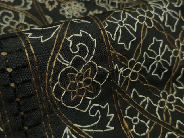 平和屋本店■極上 中国三大刺繍 スワトウ刺繍 刺し子 総刺繍 本場縞大島紬 名物裂間道 大島紬美幸謹製 ロング丈 証紙付き 逸品 DZAB1723kh5