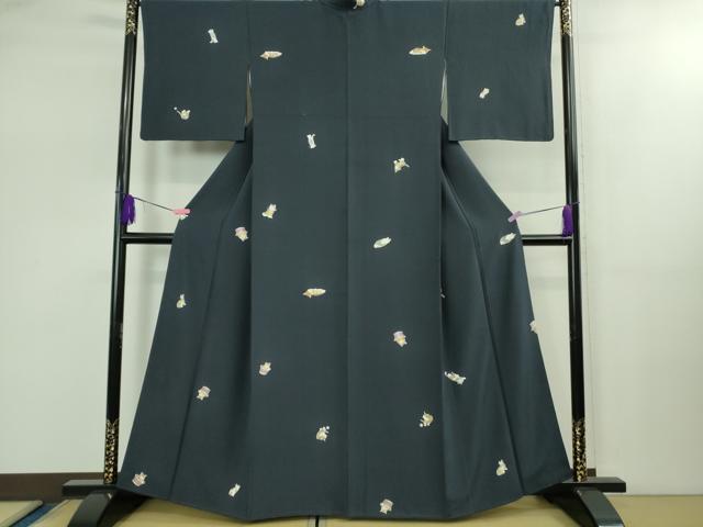 平和屋着物●極上 小紋 手描き 猫 ネコ 留紺色地 逸品 DZAB1742kh6