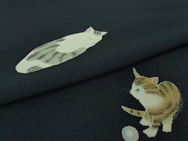 平和屋着物●極上 小紋 手描き 猫 ネコ 留紺色地 逸品 DZAB1742kh6