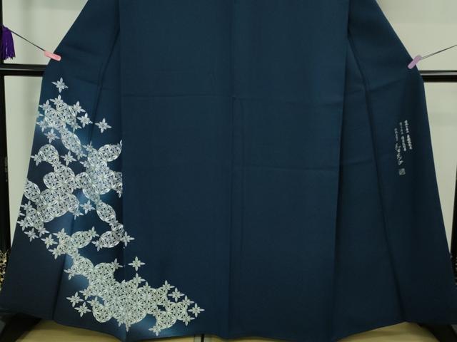 平和屋本店■極上 金彩友禅 卓越技能者・名工・和田光正 訪問着 七宝花文 留紺色地 暈し染め 銀彩 反端付き 逸品 DZAB1745kh5