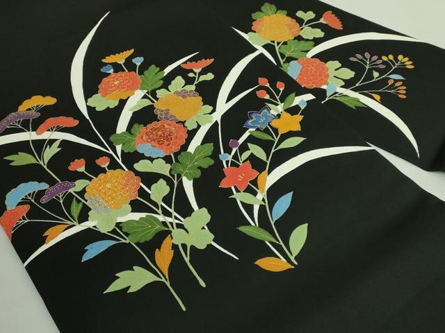 平和屋着物●極上 塩瀬 九寸名古屋帯 駒刺繍 枝花文 黒地 金糸 逸品 DZAB1783kh6