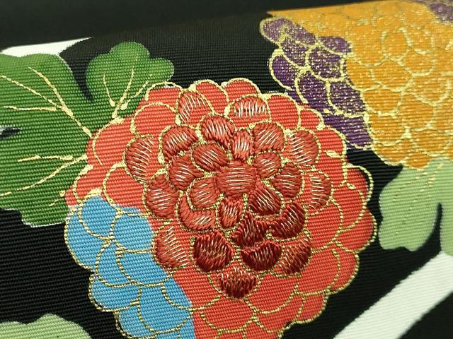 平和屋着物●極上 塩瀬 九寸名古屋帯 駒刺繍 枝花文 黒地 金糸 逸品 DZAB1783kh6