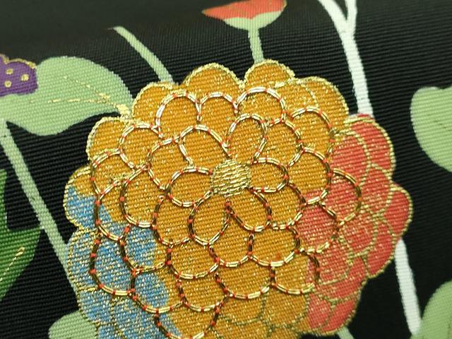 平和屋着物●極上 塩瀬 九寸名古屋帯 駒刺繍 枝花文 黒地 金糸 逸品 DZAB1783kh6