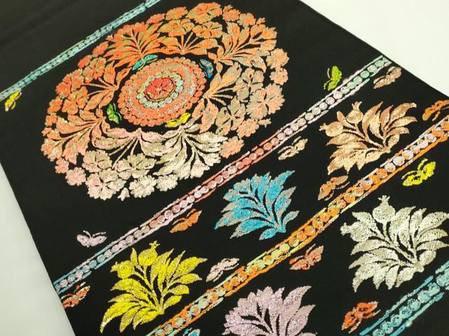平和屋本店●最高級 龍村平蔵製 太鼓柄 本袋帯 賓草図文 黒地 金銀糸 逸品 DZAB1796kh6