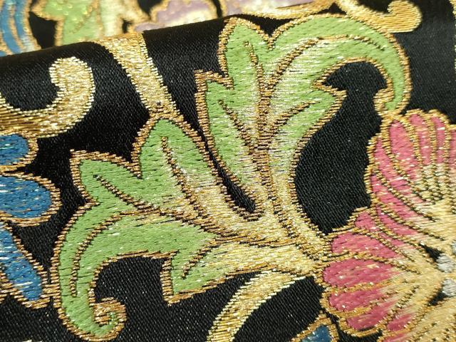 平和屋着物●極上 六通柄袋帯 唐織 琉球光輝更紗文 黒地 金糸 逸品 DZAB1801kh6