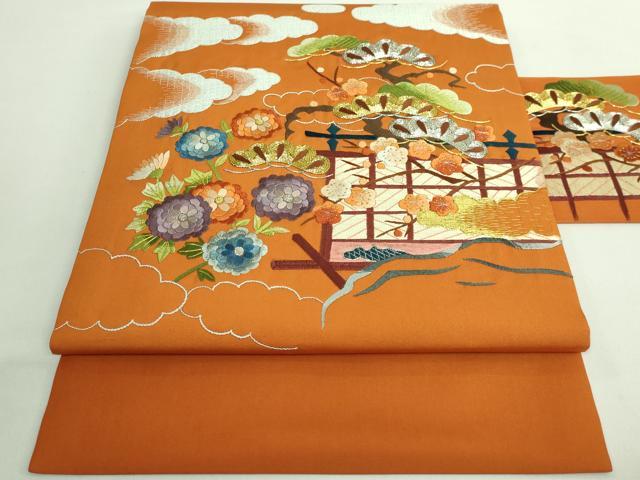 平和屋着物●極上 塩瀬 九寸名古屋帯 総刺繍 雲取り風景文 金銀糸 人参色地 逸品 DZAB1818kh6