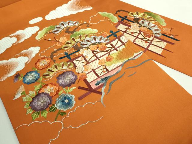 平和屋着物●極上 塩瀬 九寸名古屋帯 総刺繍 雲取り風景文 金銀糸 人参色地 逸品 DZAB1818kh6