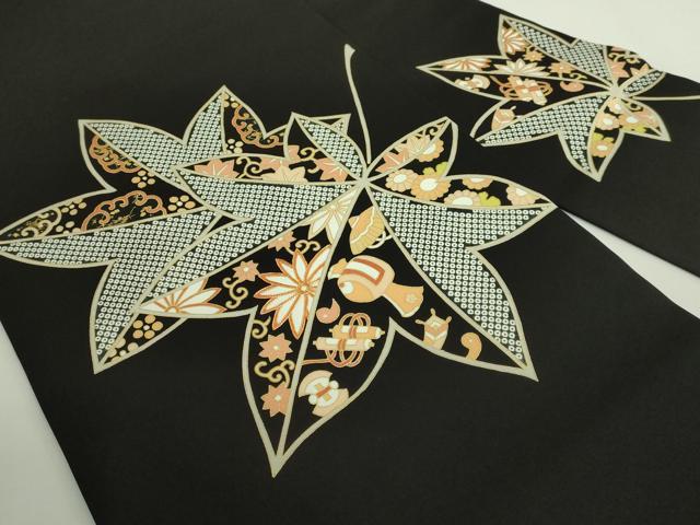 平和屋着物●極上 塩瀬 九寸名古屋帯 駒刺繍 宝尽くし楓文 黒地 金彩 逸品 DZAB1820kh6