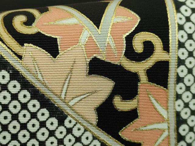平和屋着物●極上 塩瀬 九寸名古屋帯 駒刺繍 宝尽くし楓文 黒地 金彩 逸品 DZAB1820kh6