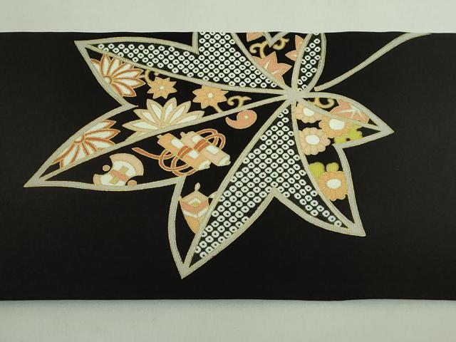 平和屋着物●極上 塩瀬 九寸名古屋帯 駒刺繍 宝尽くし楓文 黒地 金彩 逸品 DZAB1820kh6