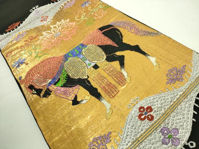 平和屋本店●最高級 龍村平蔵製 太鼓柄 本袋帯 天竺装駒錦 黒地 金銀糸 逸品 DZAB1849kh6