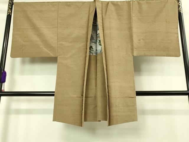 平和屋本店●極上 男性 石川県指定無形文化財 牛首紬 白山工房 手織 アンサンブル キングサイズ 朽葉色 証紙付き 逸品 未使用 DZAB1885kh6