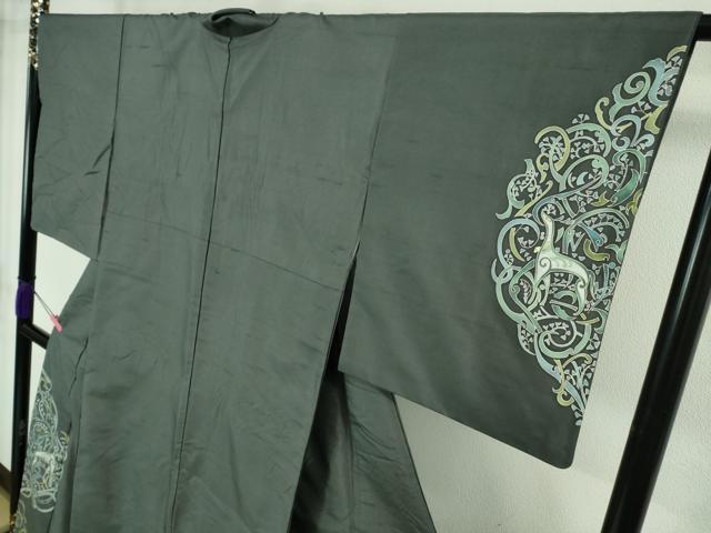 平和屋着物●極上 訪問着 白山紬 作家物 獣唐草文 藍墨茶色地 逸品 DZAB1905kh6