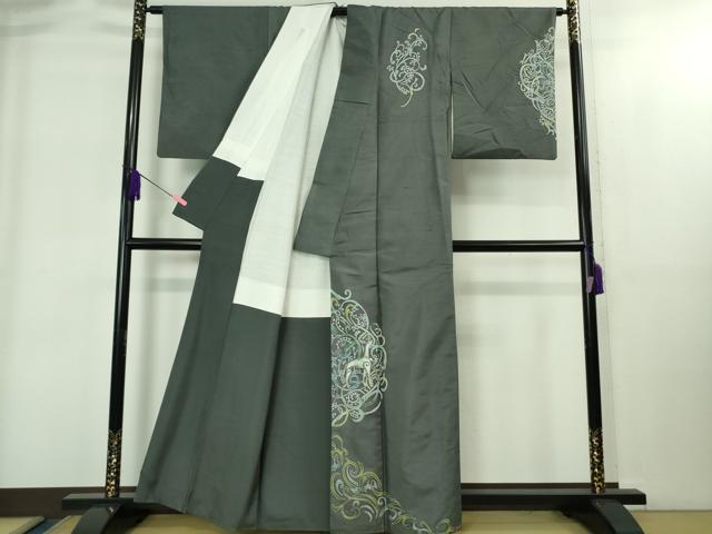 平和屋着物●極上 訪問着 白山紬 作家物 獣唐草文 藍墨茶色地 逸品 DZAB1905kh6
