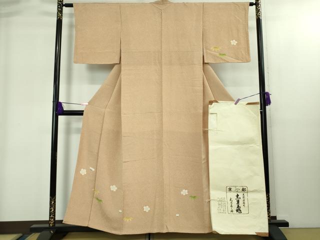 平和屋本店●極上　銀座　志ま亀　訪問着　笹梅　洗柿色地　鬼しぼ縮緬　たとう紙付き　逸品　DZAB1912kh6 平和屋本店○極上 銀座 志ま亀 訪問着 笹梅 洗柿色地