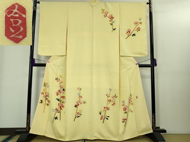 平和屋着物●極上 本加賀友禅作家 成竹登茂男 訪問着 枝花文 女郎花色地 逸品 未使用 DZAB1919kh6