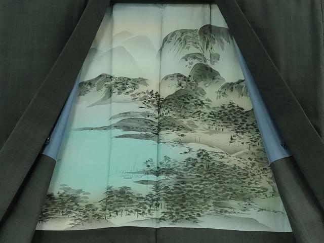 平和屋着物●極上 男性 本場結城紬 重要無形文化財 アンサンブル 色無地 藍鉄色 三越扱い 逸品 DZAB1934kh6