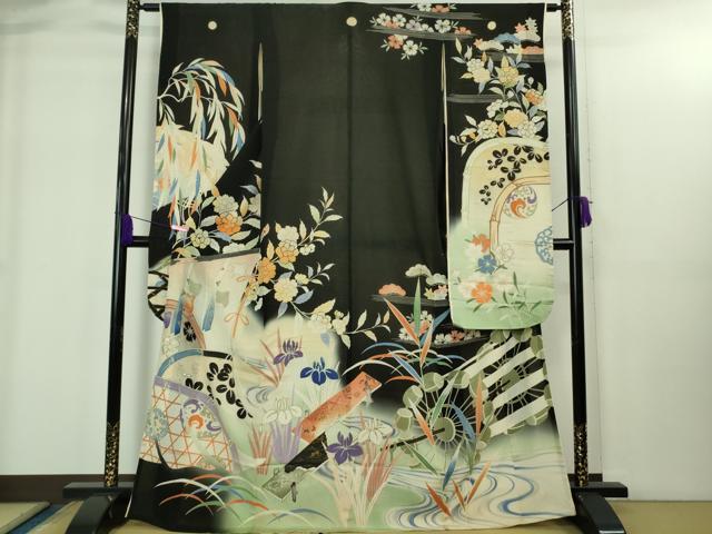 平和屋本店*極上 夏物 アンティーク 大正ロマン 振袖 絽袷 枝垂れ柳風景花文 黒地 暈し染め 逸品 DZAB1937kh6