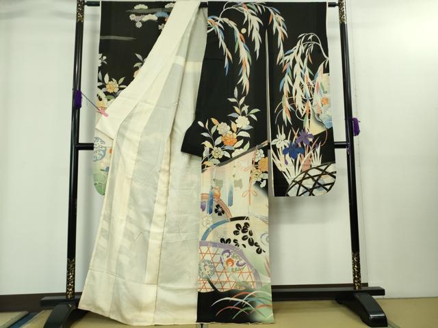 平和屋本店*極上 夏物 アンティーク 大正ロマン 振袖 絽袷 枝垂れ柳風景花文 黒地 暈し染め 逸品 DZAB1937kh6