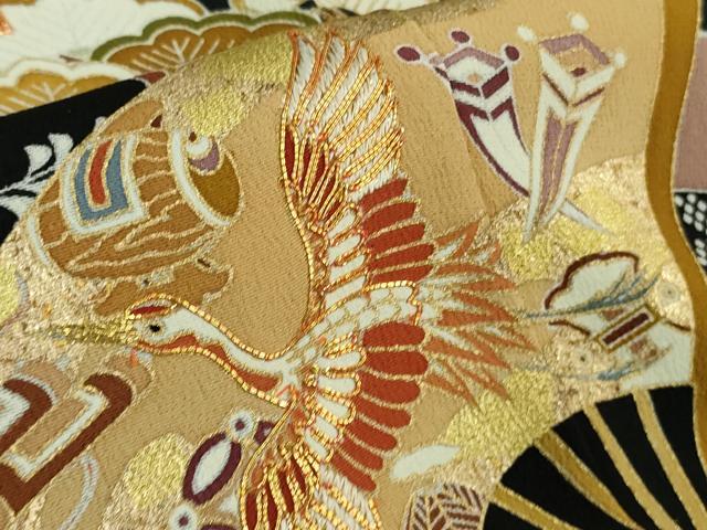 平和屋本店●極上 創業460年・千總 黒留袖 駒刺繍 扇面鳳凰吉祥花文 金彩 逸品 DZAB1969kh6