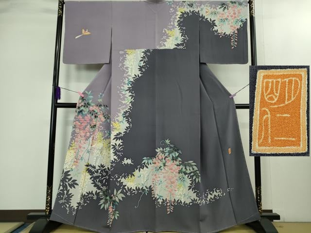 平和屋本店●極上 本加賀友禅作家 稲手明仁 訪問着 藤花に鳥 反端付き 逸品 未使用 DZAB1974kh6