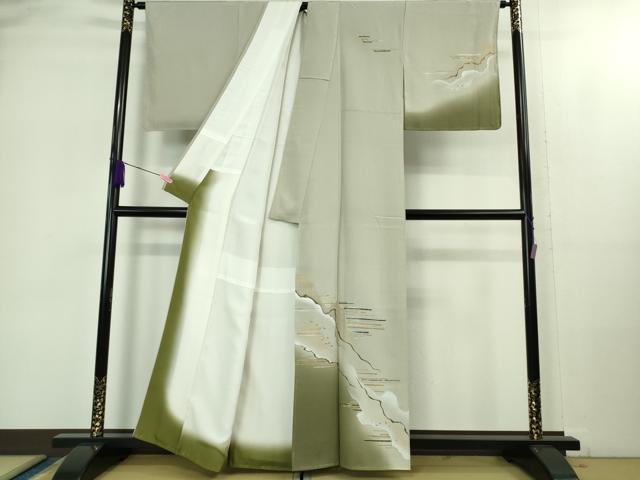 平和屋着物●極上 螺鈿作家 藤本隆士 訪問着 霞文 絹鼠色地 金銀彩 逸品 未使用 DZAB1975kh6