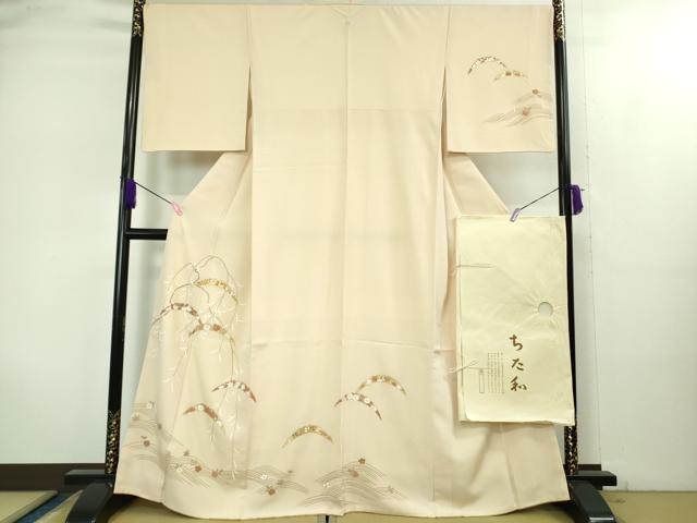 平和屋本店●極上 銀座ちた和 訪問着 駒刺繍 雪芝花文 肌色地 金彩 伊と幸 たとう紙・反端付き 逸品 DZAB1979kh6