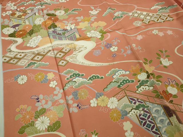 平和屋本店●極上 創業460年・千總 訪問着 駒刺繍 御所車吉祥花文 東雲色地 金彩 高島屋扱い 逸品 DZAB1986kh6