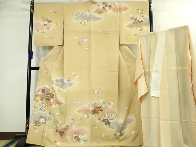 平和屋本店●極上 創業460年・千總 訪問着・長襦袢(無双仕立て)セット 駒刺繍 吉祥花文 丁子色地 暈し染め 金彩 逸品 未使用 DZAB1987kh6
