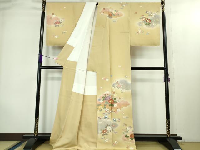 平和屋本店●極上 創業460年・千總 訪問着・長襦袢(無双仕立て)セット 駒刺繍 吉祥花文 丁子色地 暈し染め 金彩 逸品 未使用 DZAB1987kh6