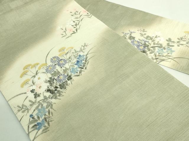 平和屋着物*極上 夏物 染色作家 桐山紫香 手描き 九寸名古屋帯 草花文 麻 逸品 DZAB2022kh6