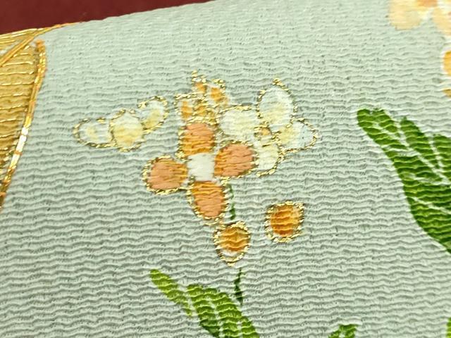 平和屋本店●極上 銀座 志ま亀 九寸名古屋帯 駒刺繍 貝合わせ花文 赤銅色地 金彩 鬼しぼ縮緬 たとう紙付き 逸品 DZAB2027kh6