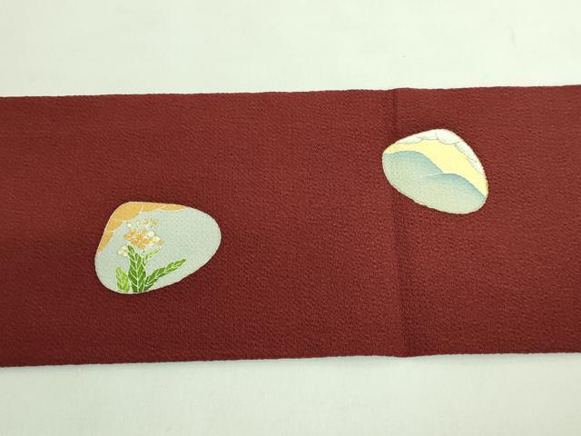 平和屋本店●極上 銀座 志ま亀 九寸名古屋帯 駒刺繍 貝合わせ花文 赤銅色地 金彩 鬼しぼ縮緬 たとう紙付き 逸品 DZAB2027kh6