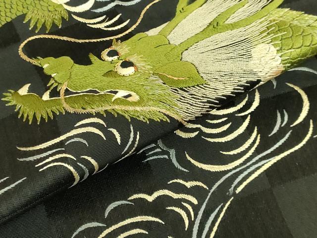 平和屋本店●極上 アンティーク 大正ロマン 九寸名古屋帯 総手刺繍 雲龍 黒地 逸品 DZAB2046kh6