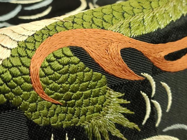 平和屋本店●極上 アンティーク 大正ロマン 九寸名古屋帯 総手刺繍 雲龍 黒地 逸品 DZAB2046kh6