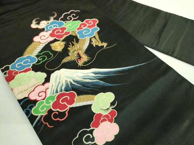 平和屋着物●極上 アンティーク 大正ロマン 九寸名古屋帯 総手刺繍 富士山 龍 黒地 金糸 逸品 DZAB2047kh6