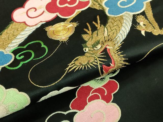 平和屋着物●極上 アンティーク 大正ロマン 九寸名古屋帯 総手刺繍 富士山 龍 黒地 金糸 逸品 DZAB2047kh6