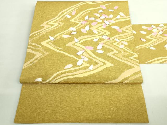 平和屋着物●極上 九寸名古屋帯 駒刺繍 舞桜 芥子色地 金彩 鬼しぼ縮緬 ゑり善扱い 逸品 DZAB2089kh6