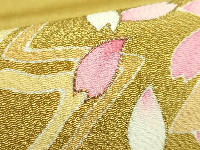 平和屋着物●極上 九寸名古屋帯 駒刺繍 舞桜 芥子色地 金彩 鬼しぼ縮緬 ゑり善扱い 逸品 DZAB2089kh6