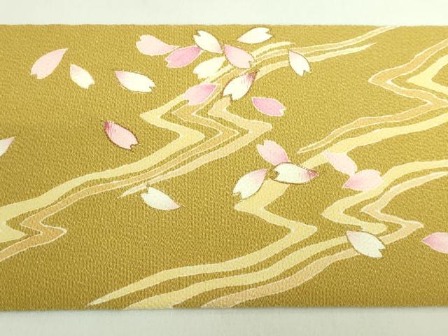平和屋着物●極上 九寸名古屋帯 駒刺繍 舞桜 芥子色地 金彩 鬼しぼ縮緬 ゑり善扱い 逸品 DZAB2089kh6