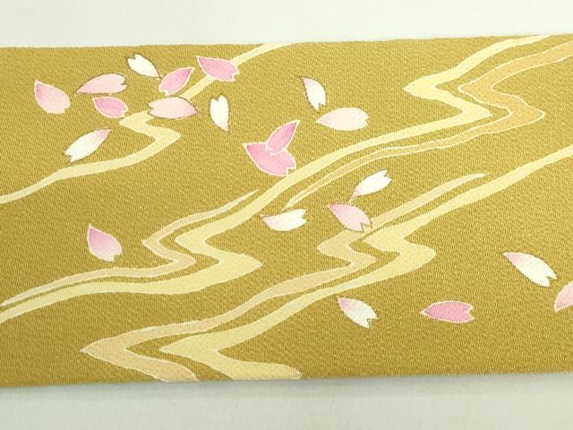 平和屋着物●極上 九寸名古屋帯 駒刺繍 舞桜 芥子色地 金彩 鬼しぼ縮緬 ゑり善扱い 逸品 DZAB2089kh6
