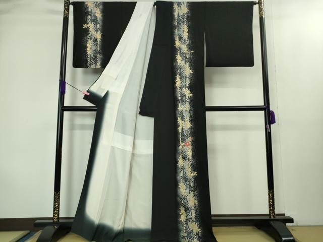 平和屋着物●極上 訪問着 刺繍 草花間道 たたき染め 黒地 金彩 逸品 DZAB2105kh6